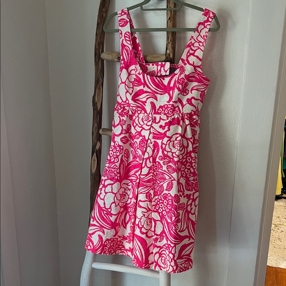 Anthropologie Bright Pink and White Floral Scoop Neck A-Line Mini Dress 10